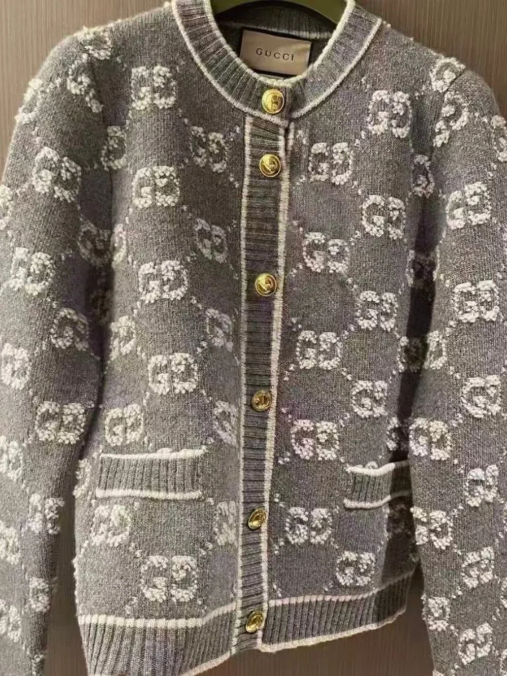 Gucci Grey GG Logo Knit Cardigan Gold Buttons Sweater